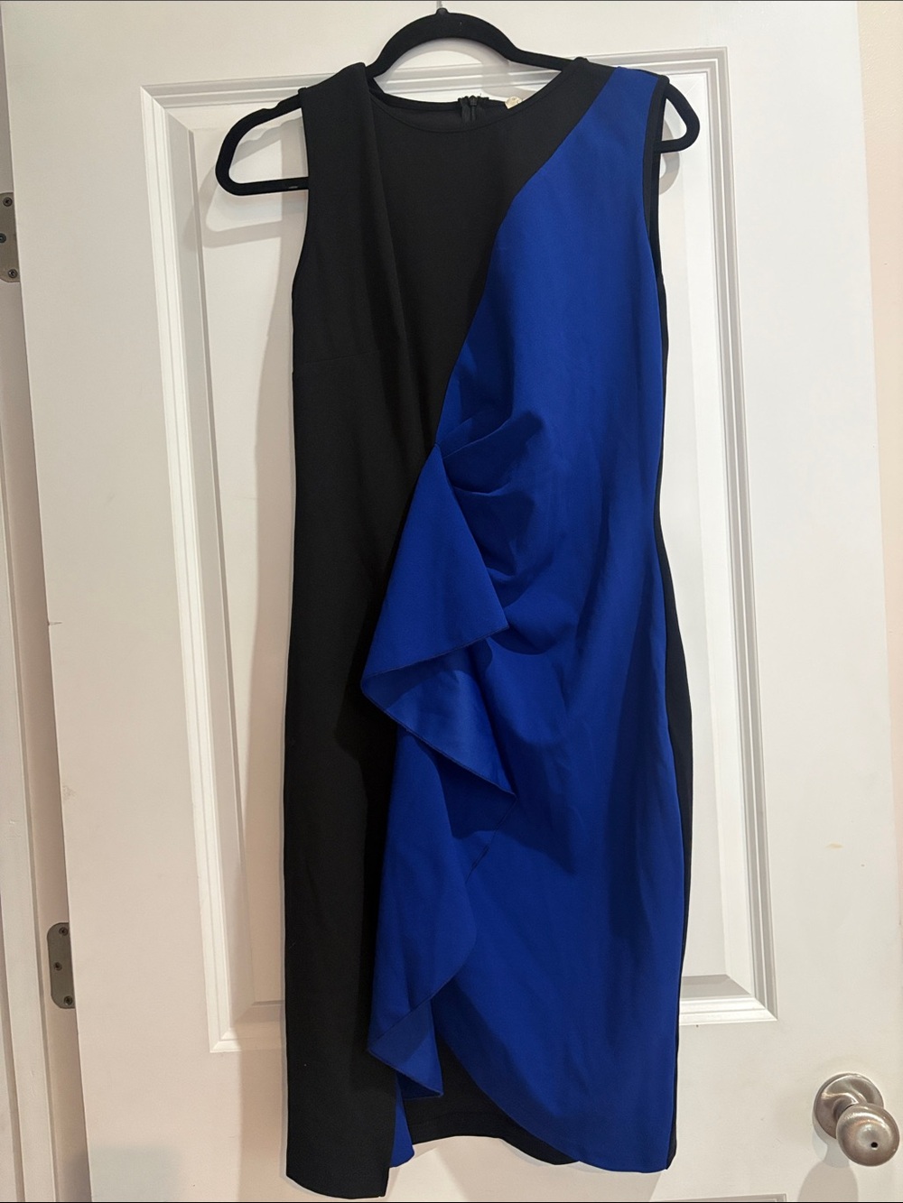 Sleeveless One-Shoulder Black and Royal Blue Ruffle Dress